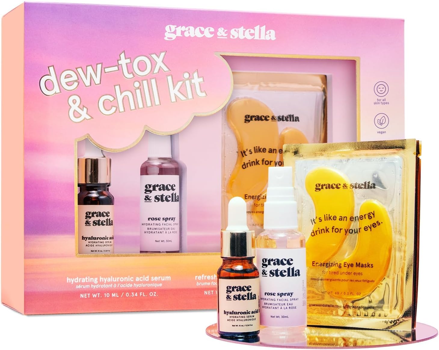 Award-Winning Skin Care Set - Birthday Gifts for Women - Travel Essentials with Gold Eye Masks, Hyaluronic Acid Serum & Rose Spray - Bachelorette Party Favors, Teen Girl Gifts - Vegan
