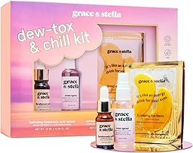 grace & stella Dew-Tox & Chill Kit Christmas Gifts for Women - Gifts for Her with Under Eye Masks, Hyaluronic Acid Serum, & More - Vegan & Cruelty Free - Birthday Gift for Women