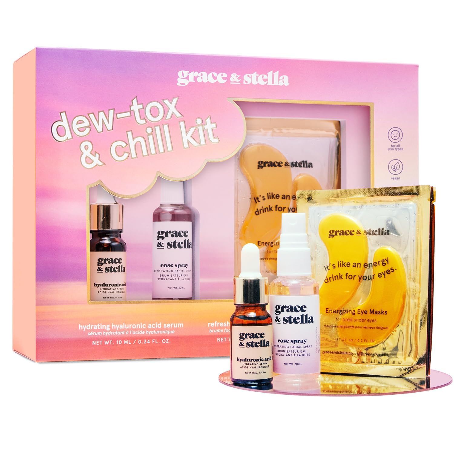 grace & stellaDew-Tox & Chill Kit Gifts for Women - Gifts for Her with Under Eye Masks, Hyaluronic Acid Serum, & More - Vegan & Cruelty Free - Birthday Gift Sets for Women