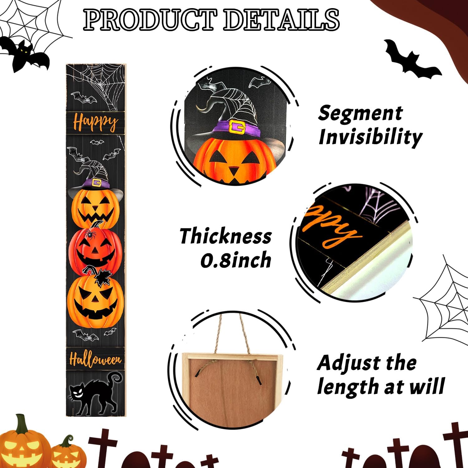 Halloween Porch Sign, Happy Halloween Sign for Front Porch, Scary Pumpkin Wooden Sign Yard, Vertical Wood Sign Standing for Patio Front Door Porch, Black Cat Witch Hat Decor for Holiday Home Party Wall Yard Indoor Outdoor Decoration, 47x8 inch