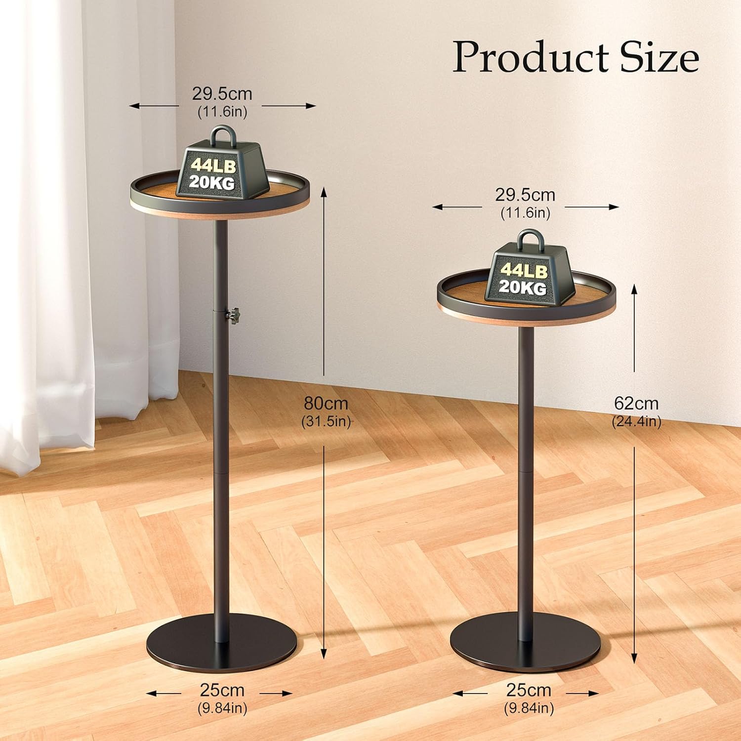 Small Round Side Table, Adjustable Height Drink Table for Small Spaces, Martini Table with Pedestal Accent for Living Room, Bedroom, Sofa Couch, Rustic Brown