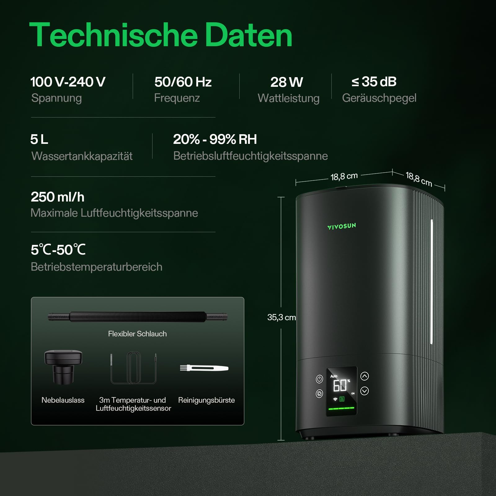 VIVOSUN Smart Humidifier 5L AeroStream H05 VPD Steuerung 24dB Leise 360° Cool Mist Top-Fill Ultraschall für Growzelte