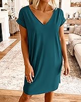 Vista 2 de BTFBM - Vestidos de verano de manga corta con cuello en V para mujer, primavera de 2023, estilo casual, holgado, camiseta tipo túnica, vestido