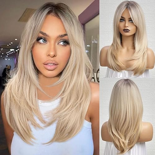 HAIRCUBE Pelucas rubias degradadas para mujer, peluca de longitud al hombro con flequillo, pelucas en capas de raíces oscuras rubio ceniza pelucas HAIRCUBE Pelucas rubias degradadas para mujer, peluca de longitud al hombro con flequillo, pelucas en capas de raíces oscuras rubio ceniza pelucas