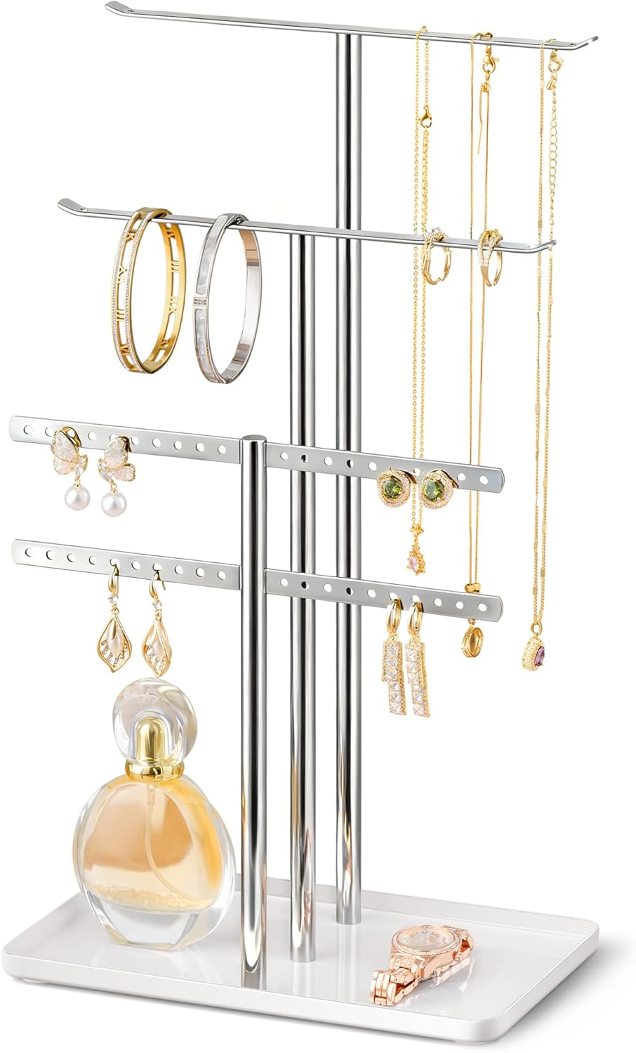 pickpiff Silver Jewelry Stand Holder Organizer: 14.5" Sturdy Hanger for 80 Pcs Jewelry, Jewlery Tower for Display Necklace, Earring, Bracelet, Watch