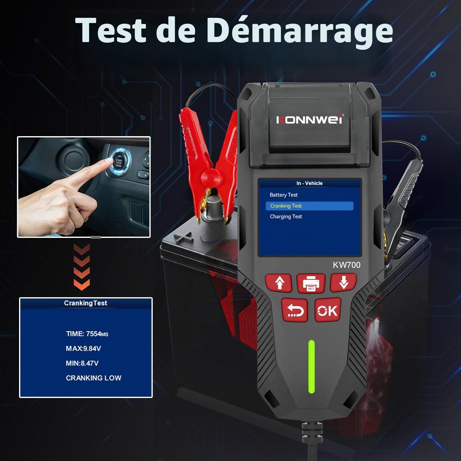 KONNWEI KW700 Testeur Batterie Auto 12V/24V avec Imprimante, Analyseur Batterie Digital pour Voiture, Camion, Moto, AGM/GEL/EFB/Lithium, CCA/EN/DIN, Start-Stop, Diagnostic Charge & Démarrage