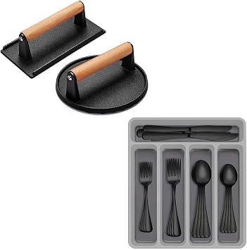 AIVIKI Black Silverware Set Flatware Set for 12 Black Cutlery Utensils Set, Round & Rectangular Smash Buger Press for Blackstone Griddle Grilling