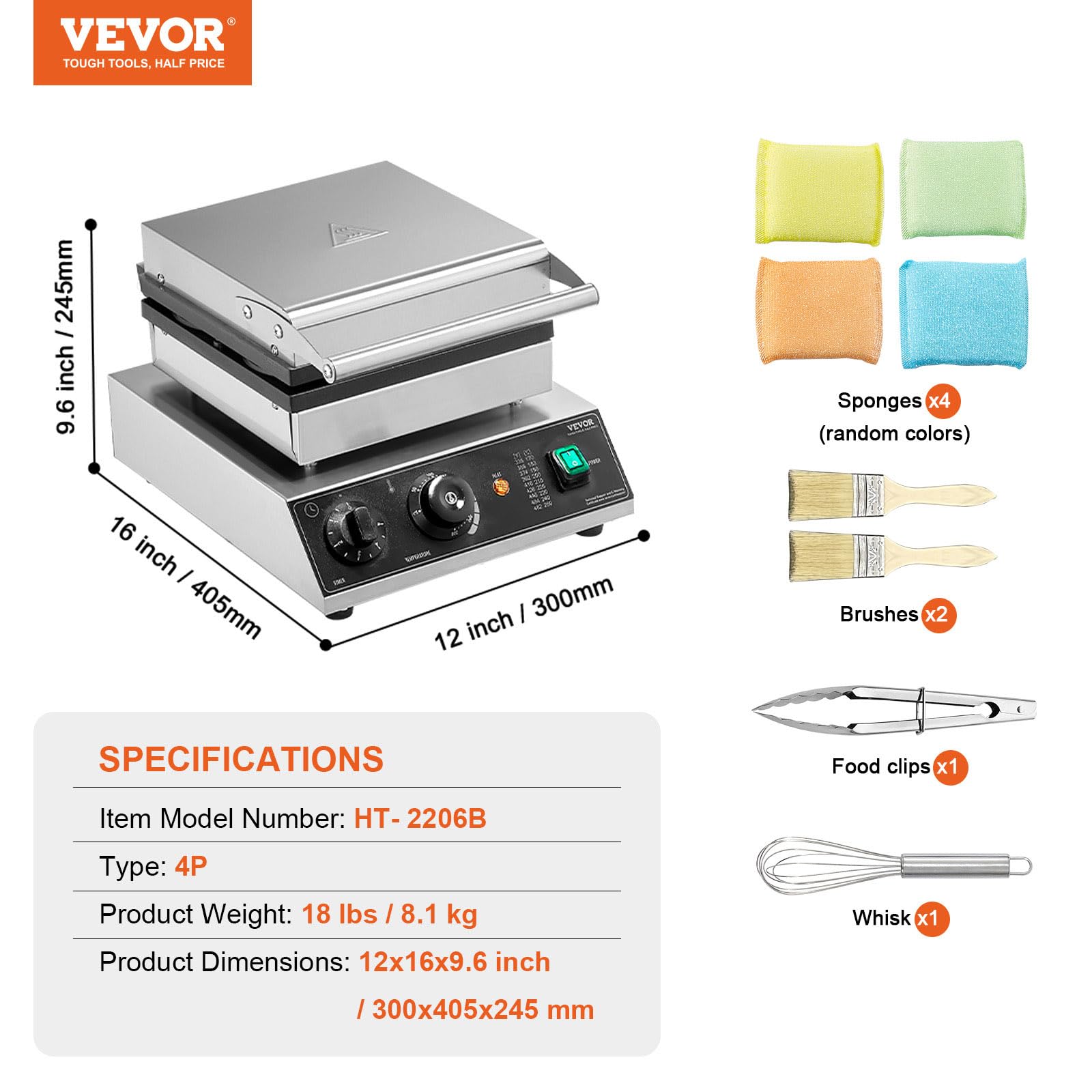 VEVOR Macchina per Waffle Belga Rotonda Commerciale, 4 Pezzi per Waffle, Piastra per Waffle in Acciaio Inox Antiaderente 1750 W con Controllo Temperatura Tempo, per Ristoranti Panetterie Snack Bar