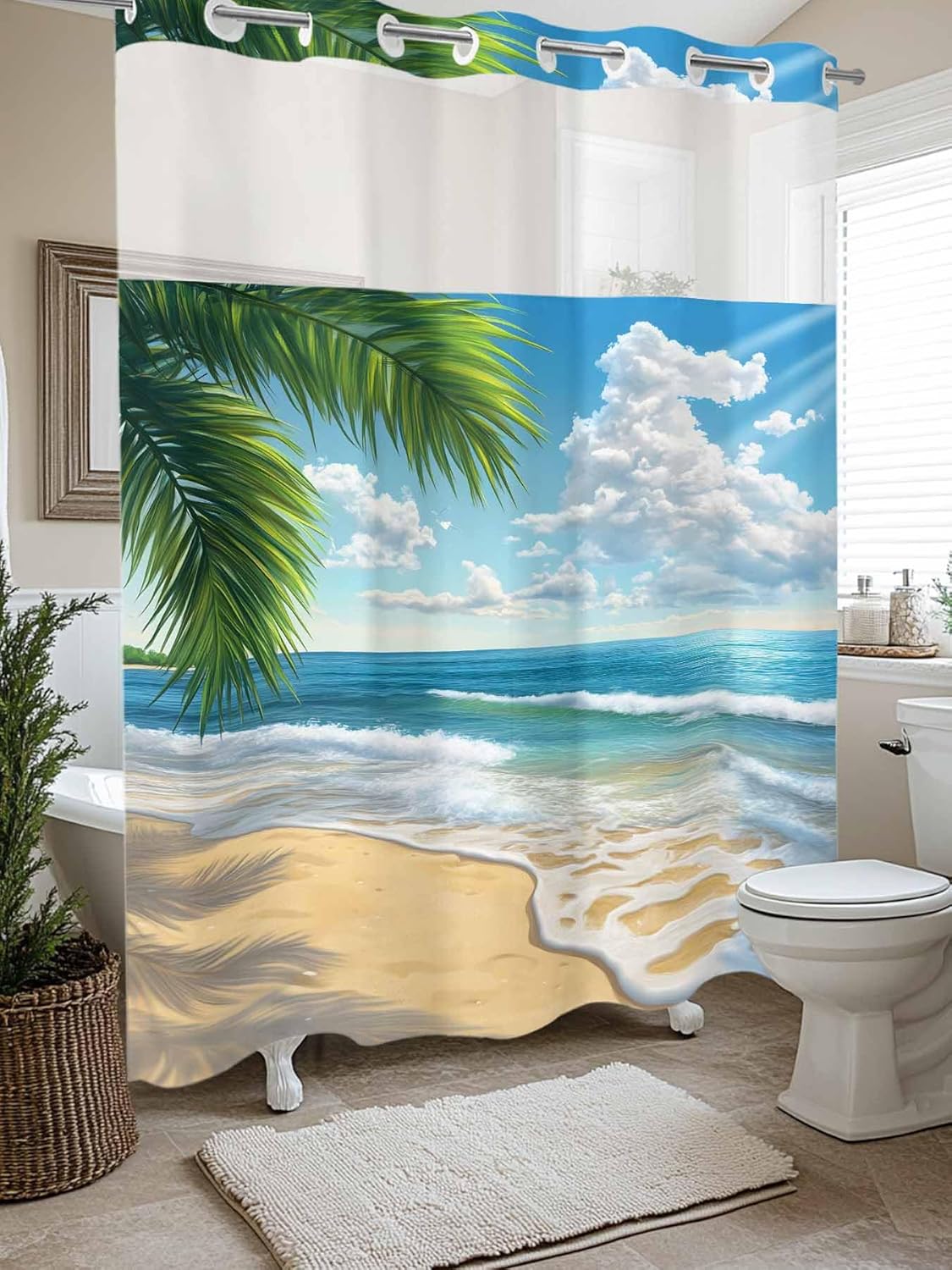 Savannan No Hook Shower Curtain with Snap in Liner, Beach Ocean Palm Trees Waterproof Fabric Bathroom Curtain Mesh Top Window Washable Summer Tropical Scenery 72" x 78"