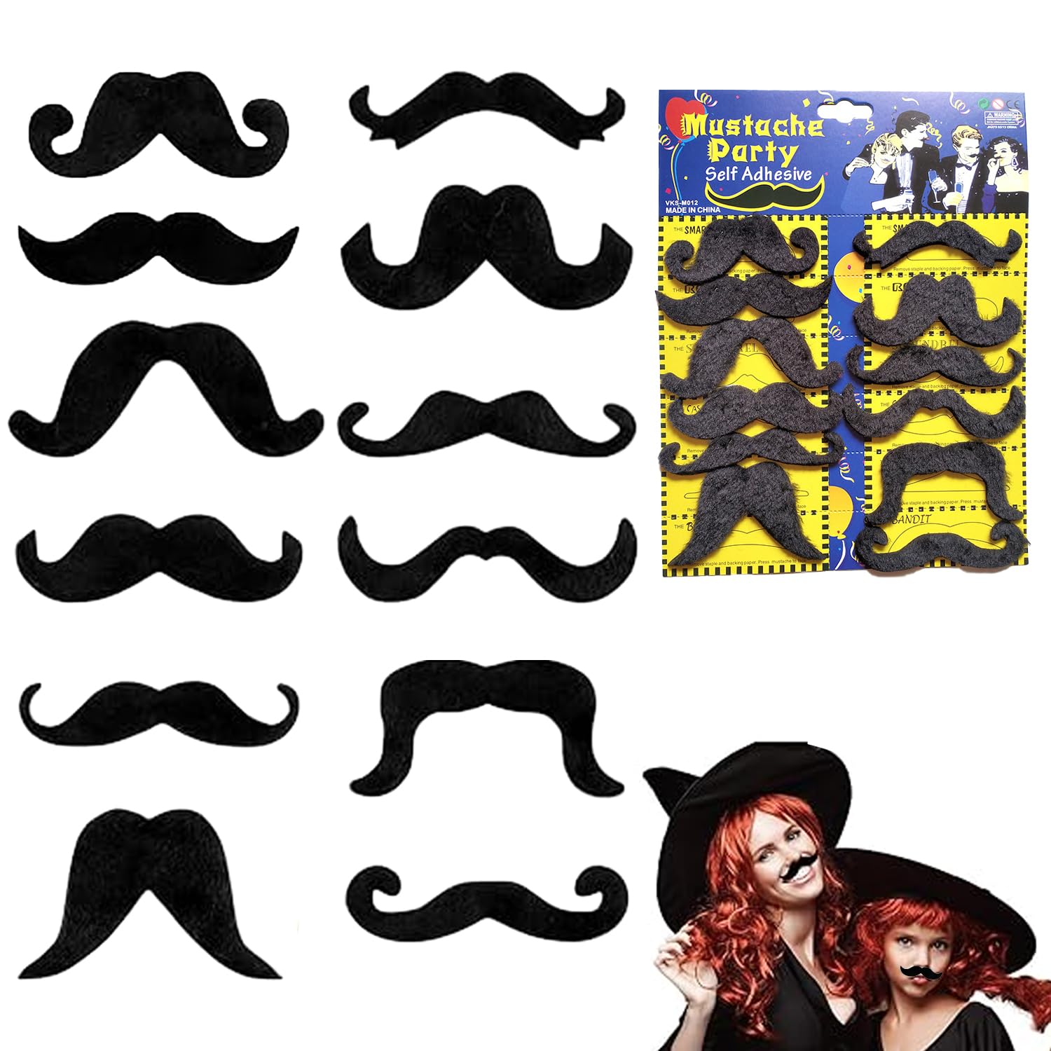 Fake Moustache, 12 Pcs Self Adhesive Novelty Mustaches Fiesta Party Supplies for Adults and Kids for Masquerade Party Favor, Birthday Party, Costume Party Performance Fancy Dress, Multi Styles