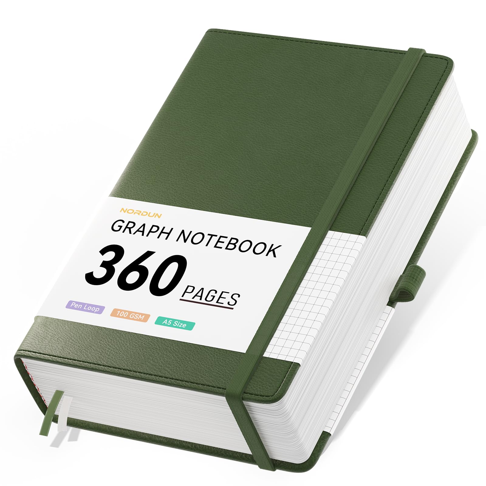 NORDUN Thick A5 Graph Notebook,360 Pages Leather Hardcover Journals with Sticky Notes,100gsm Thick Paper Journals for Men Women Writing,Notebook Hardback for School Office Home,14.5 x 21cm -Dark Green