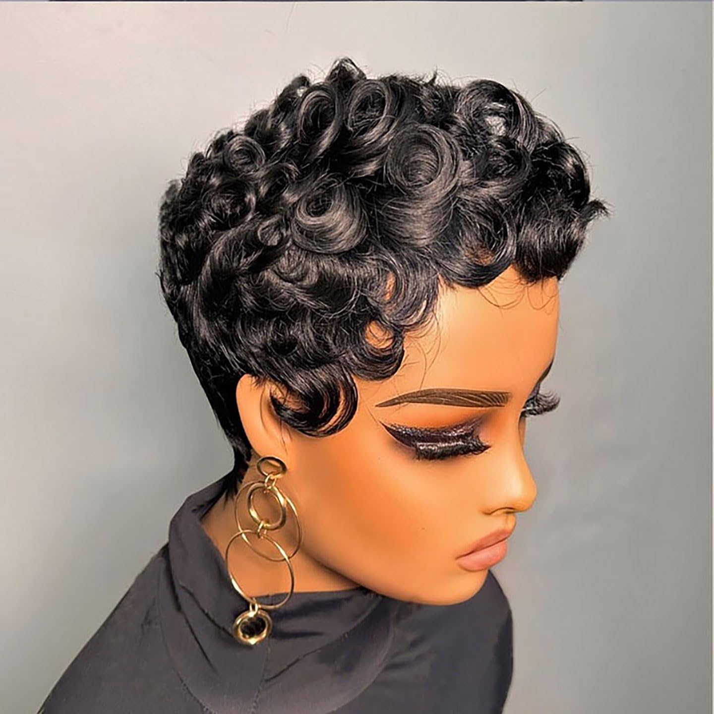 VRZ Short Curly Pixie Cut Human Hair Wigs for Black Women Pixie Cut Wig Human Hair Glueless Layered Brazilian Virgin Black Color No Glue Wig for Daily Use