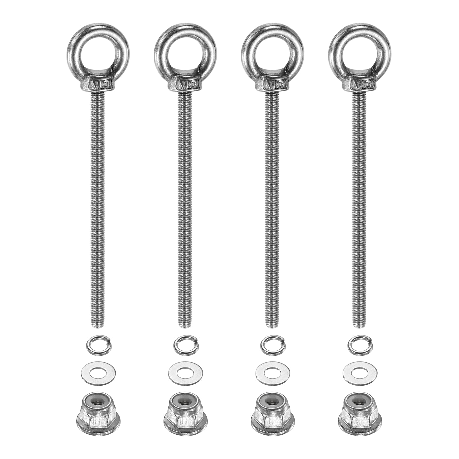 PATIKIL M3 x 50mm Shoulder Eye Bolt, 4 Pcs 304 Stainless Steel Lifting Ring Threaded Eye Bolt with Flange Lock Nuts Spring and Flat Washers for Hanging Tie Down Straps Outdoor Indoor