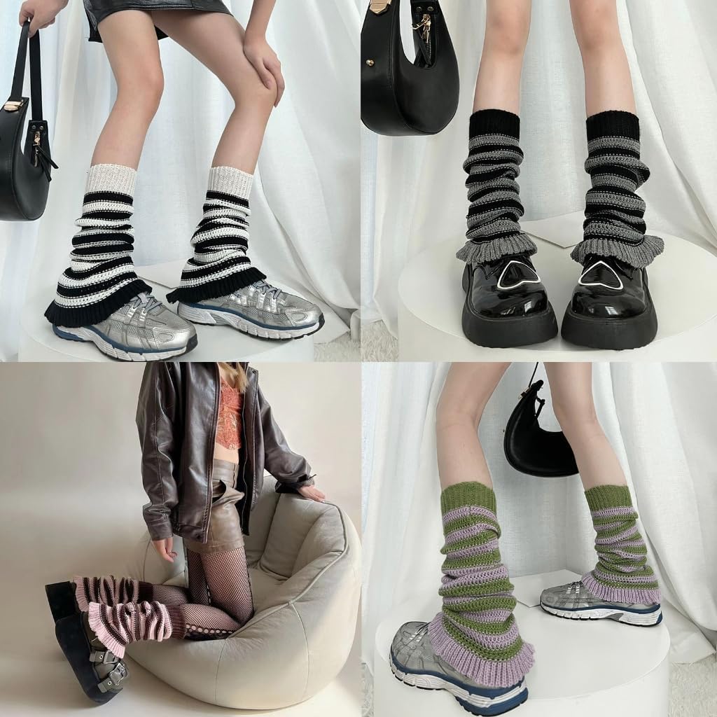 Girls Lolitas Leg Warmers Stripe Knitted Flared Leg Sleeves Baggy Cuff Ankle Heap Socks Uniform Foot