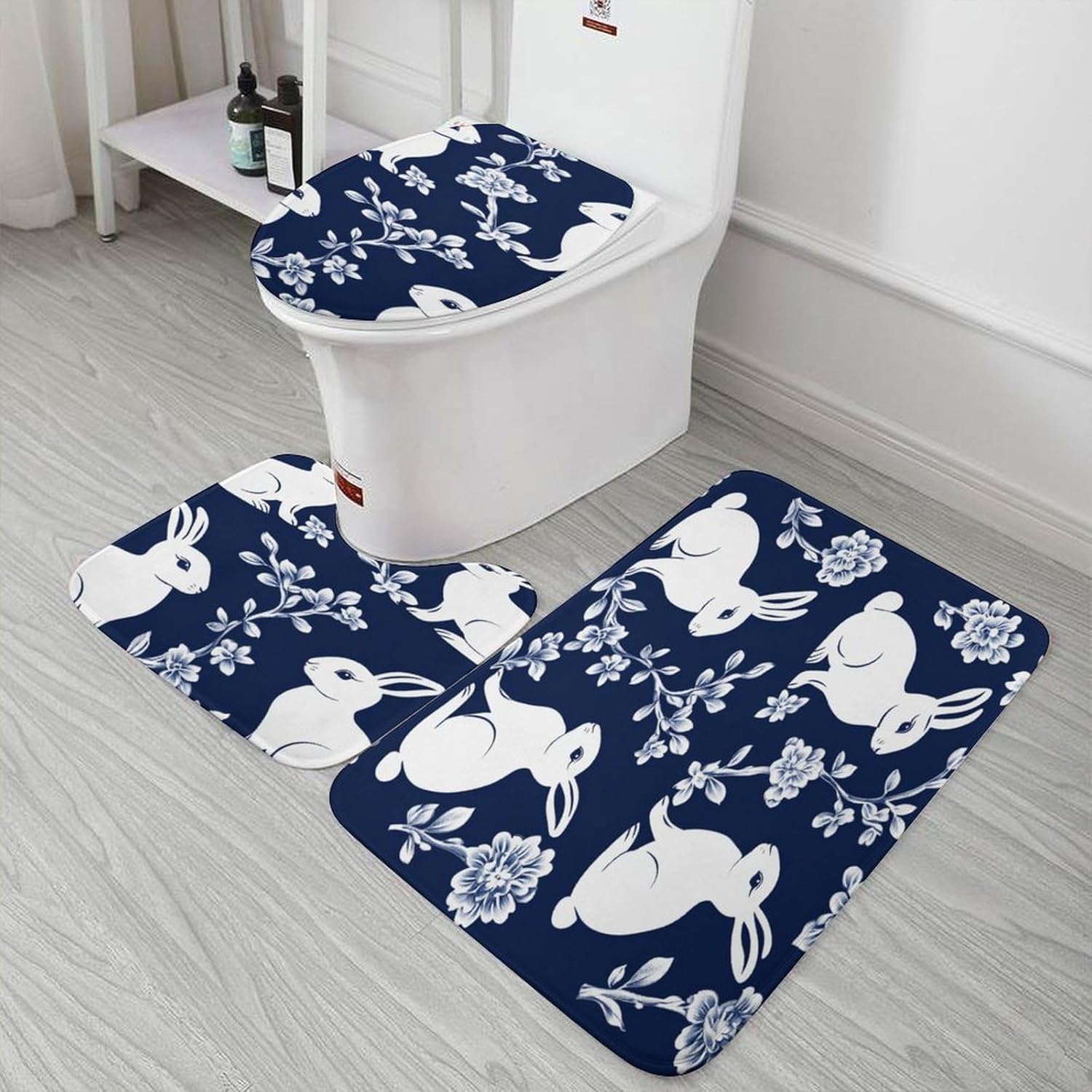 Chinoiserie Blue Bunnies Bathroom Rugs Mats Sets 3 Piece Spring Floral Rabbit U-Shape Contoured Toilet Lid Cover Mat Contoured for Toilet Lid Toilet Cover and Carpet Rug 20"x32"
