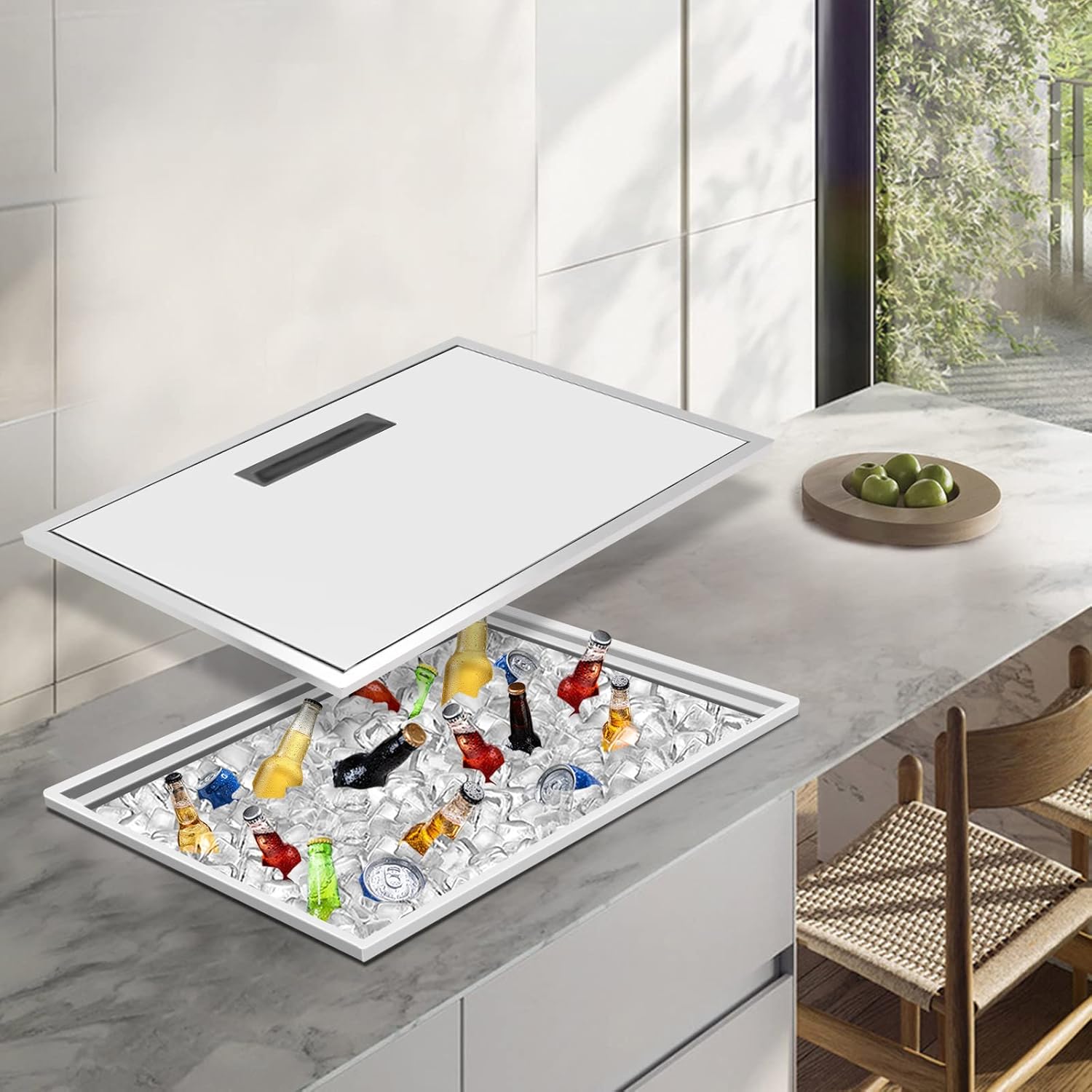 21L x 17W x 17H Inch Drop in Ice Chest with Cover, 70 Qt Commercial Stainless Steel Ice Cooler Bin, Insulated Ice Bucket Included Drain-Pipe and Drain Plug for Cold Wine Beverage