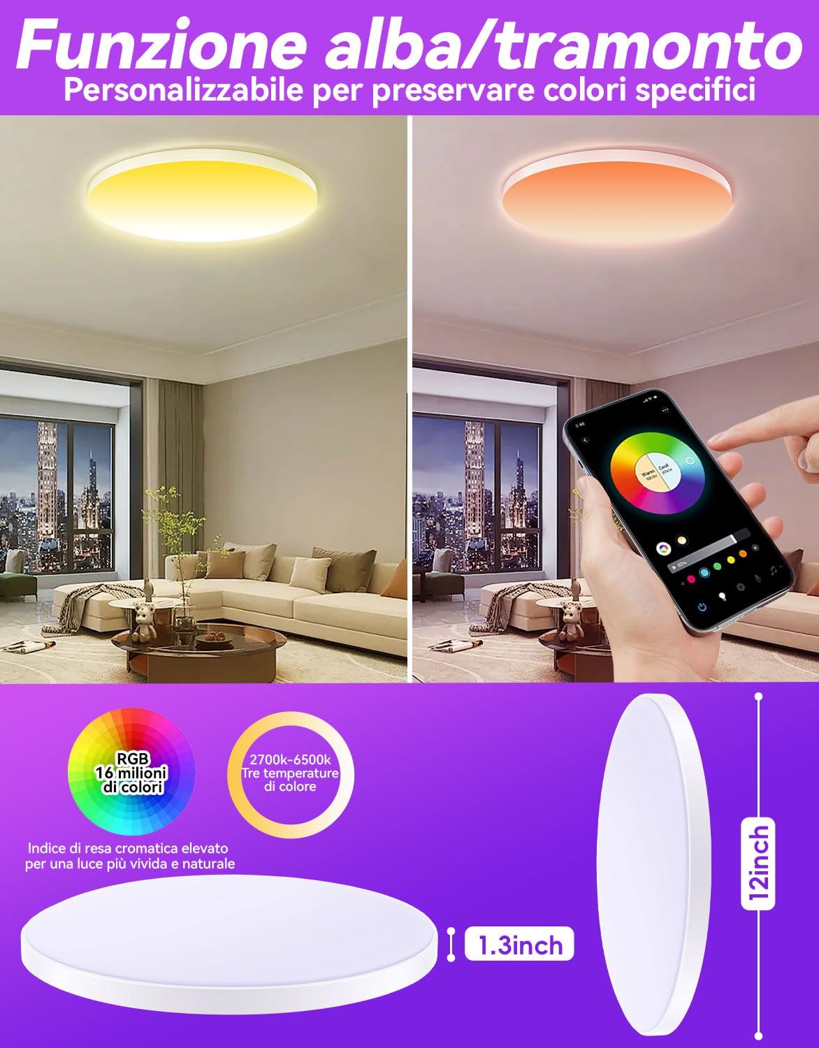 Plafoniera led soffitto lampadario camera da letto bambina 30W Lámpara empotrada de 16 millones de colores Funciona con dispositivos Matter Alexa Luce Soffitto Cameretta,Cucina,Soggiorno
