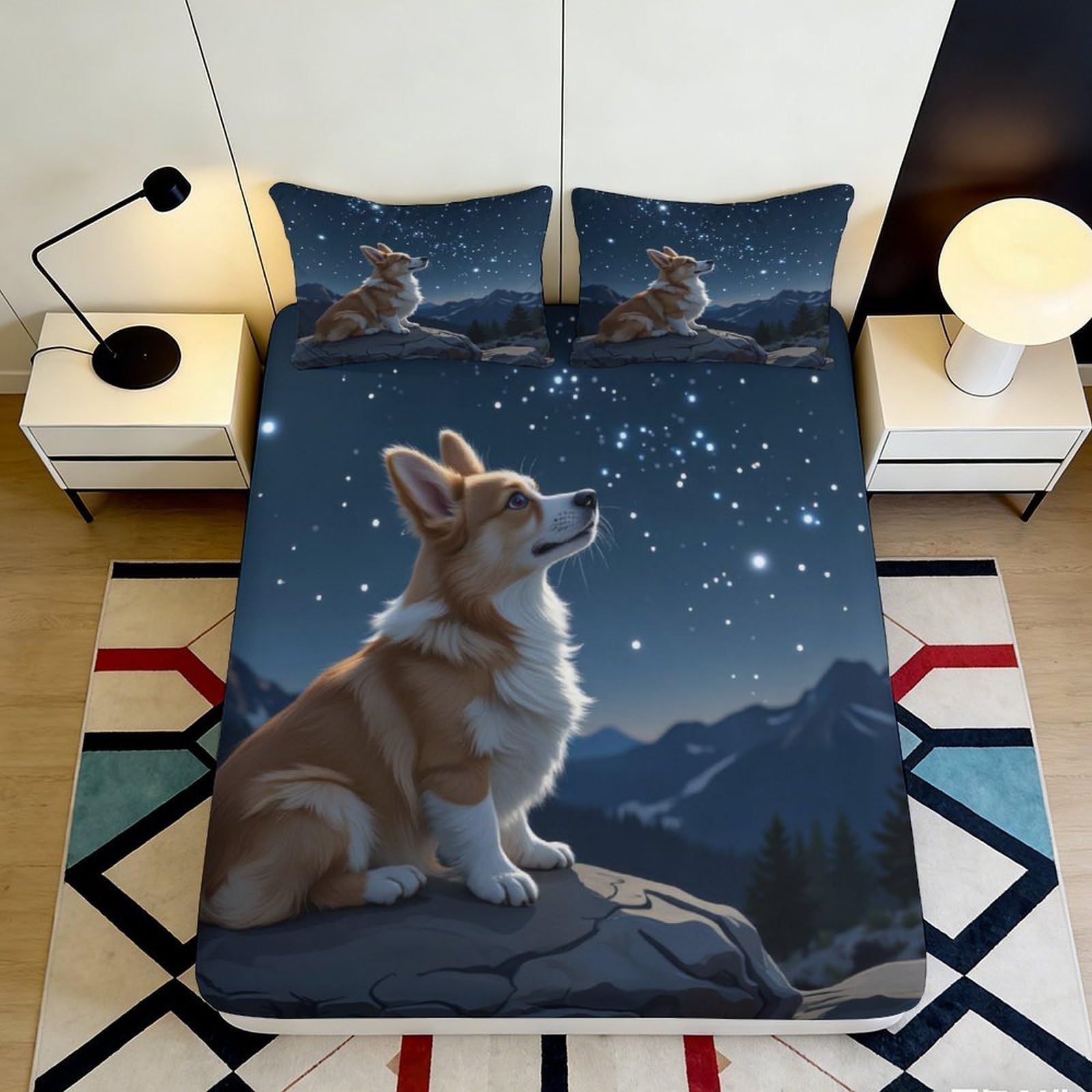 Pnayamiorkfel Style-6 3D Printed Starry Night Corgi Fitted Sheet Microfiber Non-Slip Bed Cover For Bedroom Dorm Easy Care Decorative 90X200x25cm
