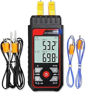 Digital Thermocouple Thermometer Dual-Channel K/J Type Thermometer -328~2501℉ Wide Range Industrial HVAC Temperature Meter with 4PCS of K-Type Thermocouple Probes, Alarm,Temp Conpensation