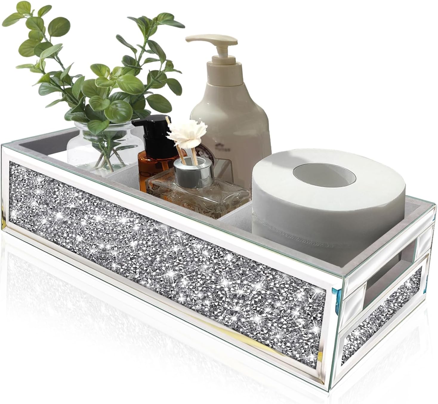 Wocred Bathroom Basket Toilet Tank Upgrade,Crushed Diamond Mirrored Bathroom Tray Wall-Mounted,3 Layer partition Storage Organizer fits Dresser Bedroom,Bathroom,Coffee Table.(15”x6”x3.8”)