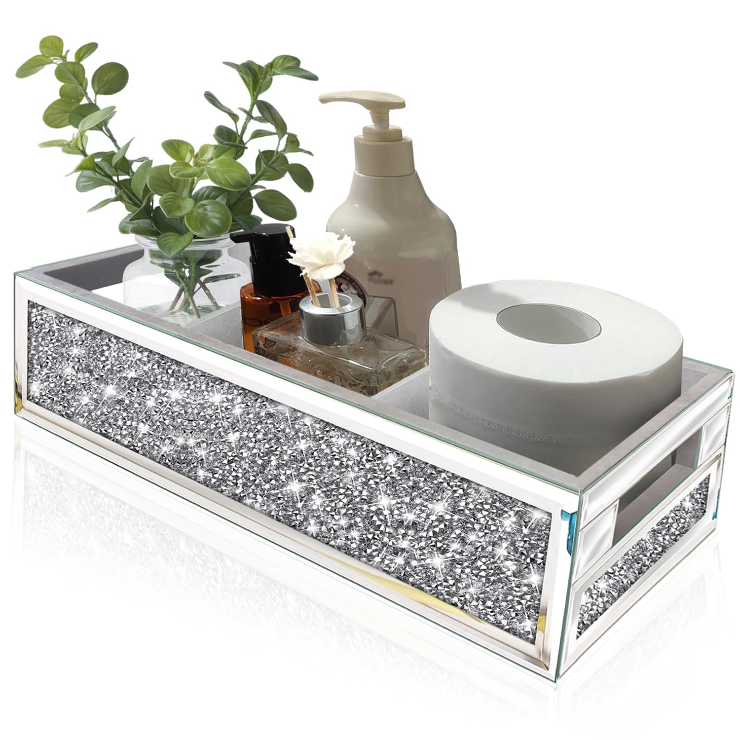 Wocred Badezimmer-Korb, WC-Tank-Upgrade, zerkleinerter Diamant, verspiegeltes Badezimmer-Tablett, Wandmontage, 3-lagige Trennwände, Aufbewahrungs-Organizer für Kommode, Schlafzimmer, Badezimmer,