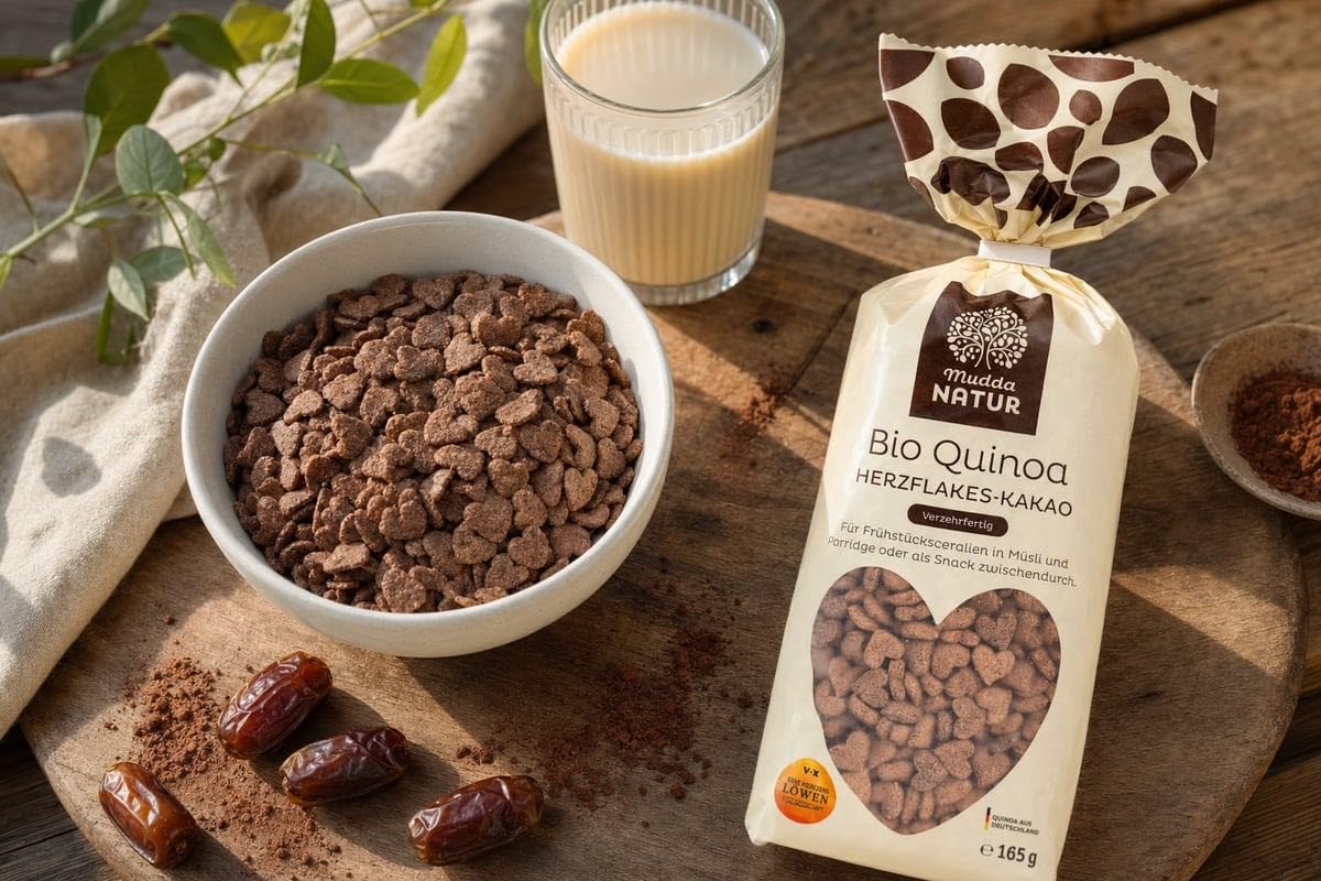 Mudda Natur Bio Quinoa Herzflakes Kakao 12x165g aus Deutschland | glutenfreie Bio Frühstücksflakes mit Kakao, natürlich mit Datteln gesüßt, vegan und knusprig
