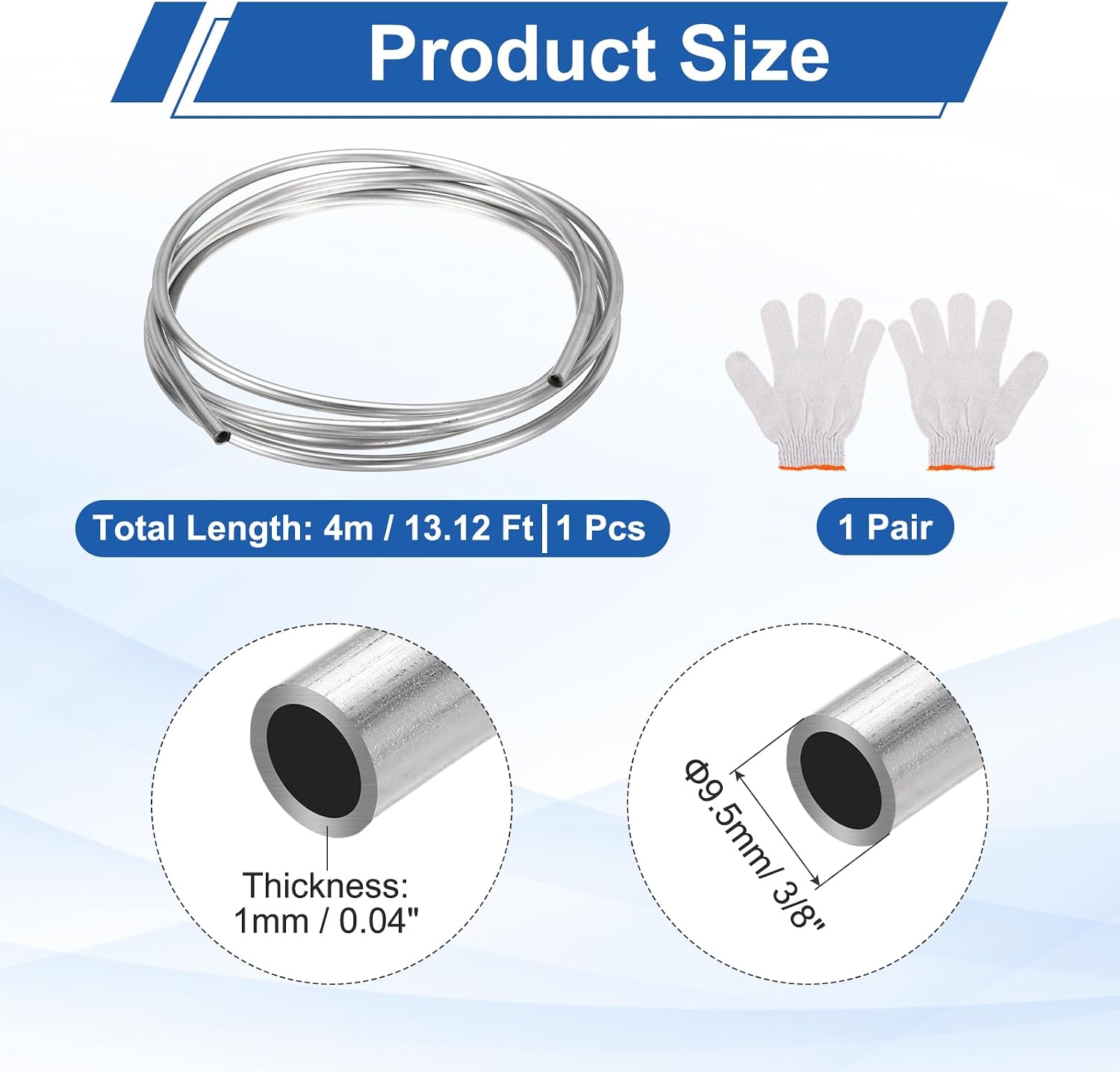 uxcell Stainless Steel Tubing Coil, 3/8" OD x 13.12 ft Industrial 304 Stainless Steel Welded Tubing with Gloves, Silver Tone 0.04"Thickness
