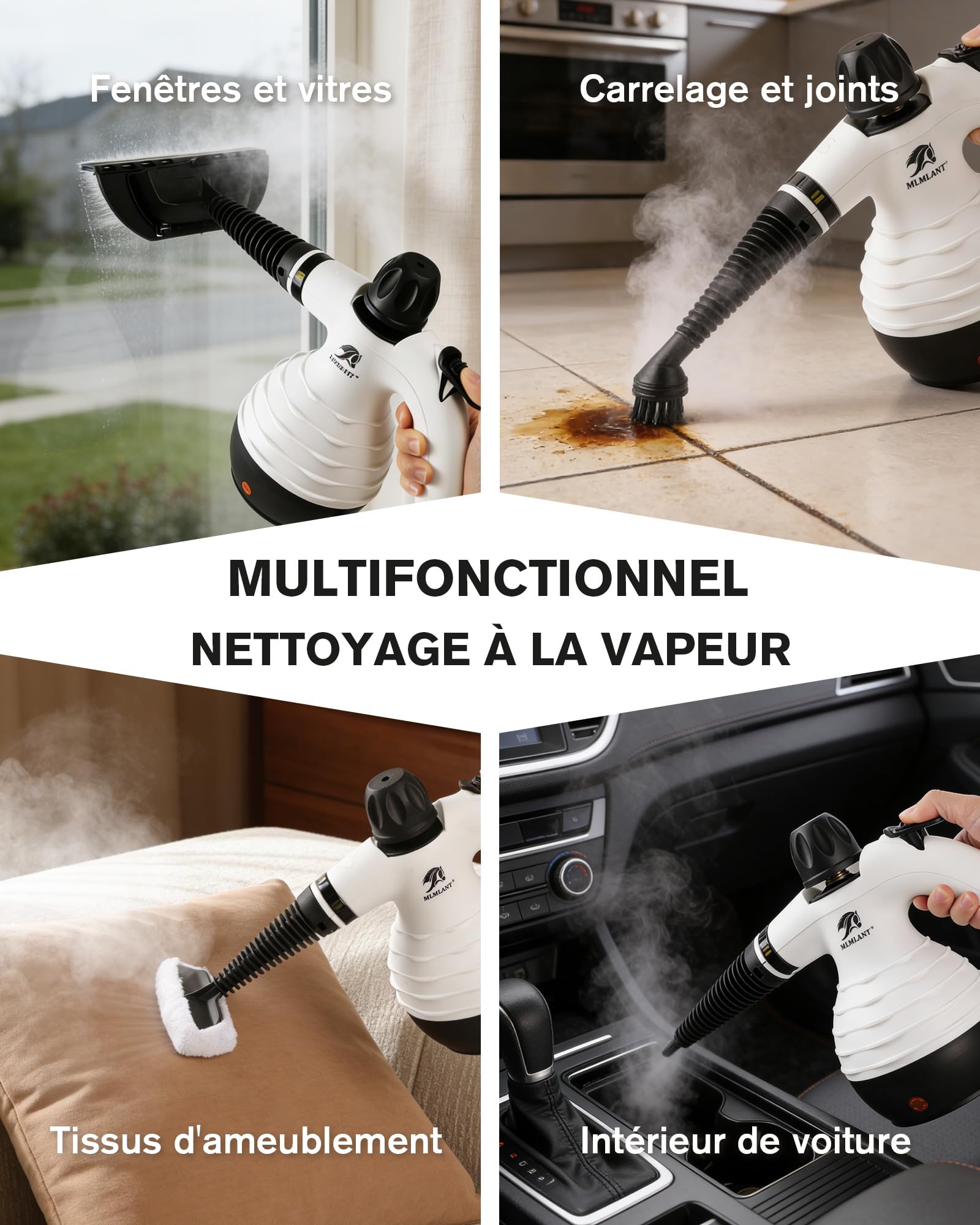 MLMLANT Nettoyeur vapeur, nettoyeur vapeur portable, avec verrou de sécurité et kit d'accessoires de 10 pièces, pour sièges de voiture, canapés, fenêtres, meubles rembourrés et plus encore.