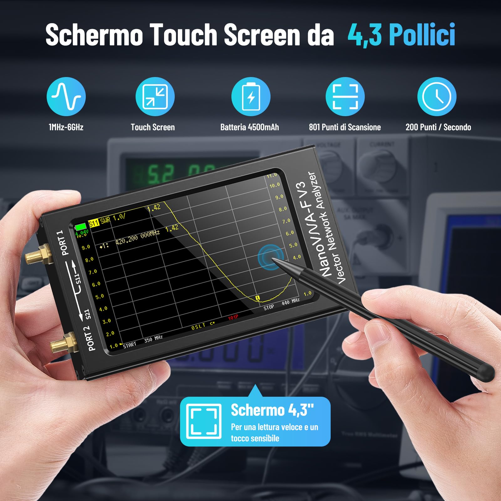 Seesii NanoVNA-F V3 Analizzatore di Antenne, 4,3 Pollici Analizzatore di Rete Vettoriale 1MHz-6GHz HF VHF UHF per Tensione dei Parametri S, SWR, Fase, Ritardo, Diagramma di Smith
