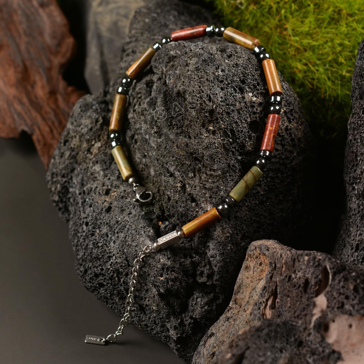 original beaded bracelets for men Mens Picasso jasper bracelet with hematite stainless steel adjustable chain Handmade mens jewelry gemstone healing bracelet Great for yourself or dad