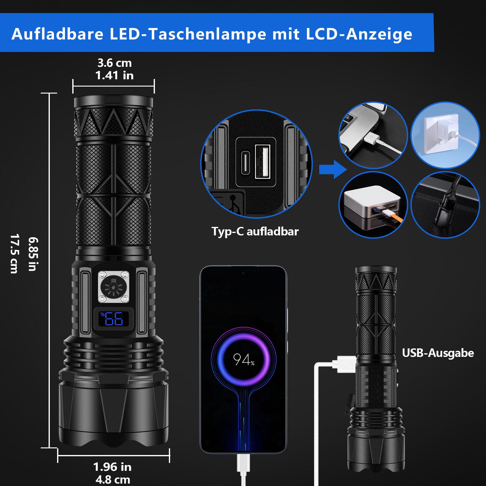 JAY-PARK Torcia LED Ricaricabile 500000 Lumen, Torcia LED Potente Professionale 5 Modalità Di Luce Con, Torcia Tattica Usb Con Fondina Per Campeggio, Emergenze, Portare A Spasso Un Cane