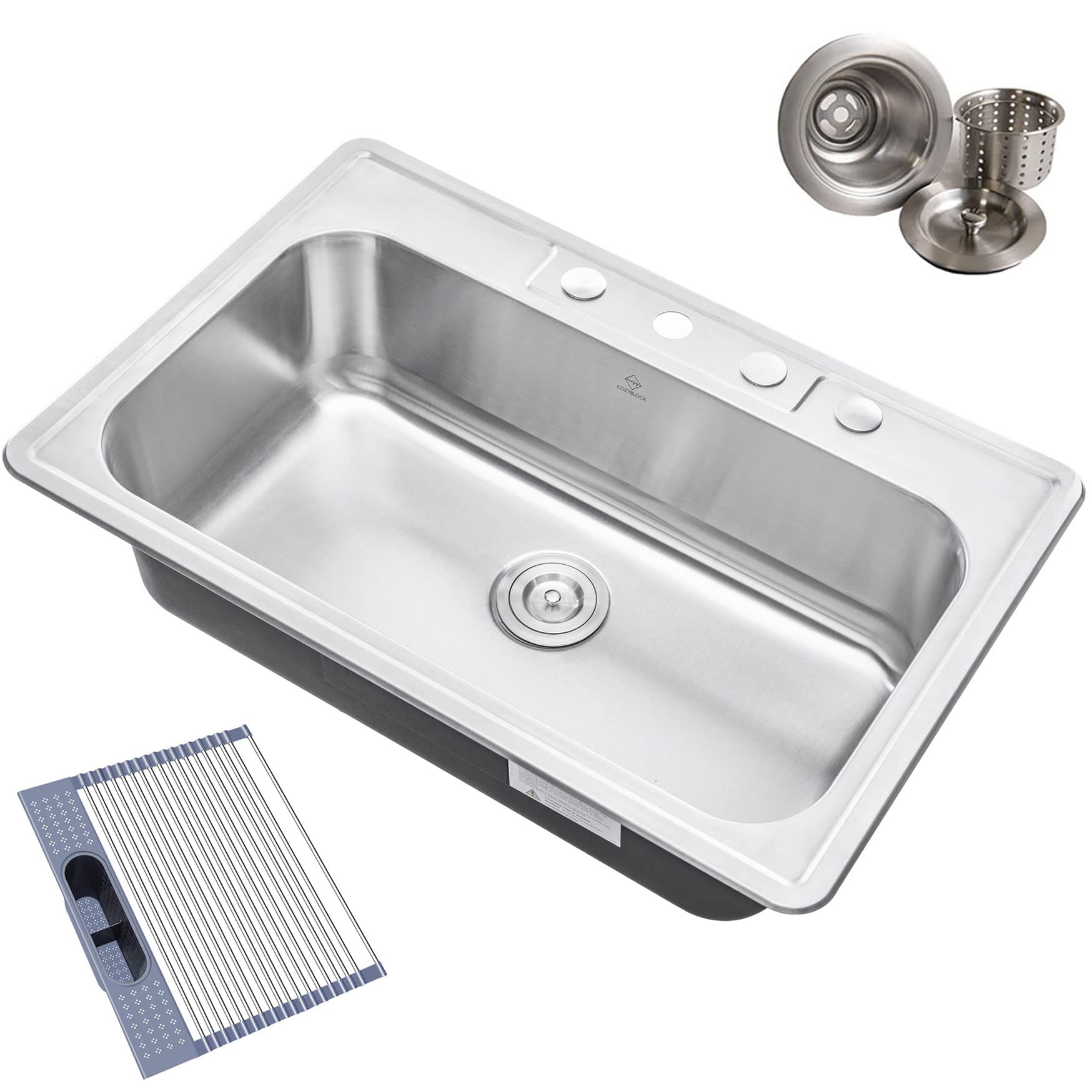 CozyBlock 33 x 22 x 9 Inch Top-mount/Drop-in Stainless Steel Single Bowl Kitchen Sink with Strainer and Dishrack - 18 Gauge Stainless Steel-4 Faucet Hole
