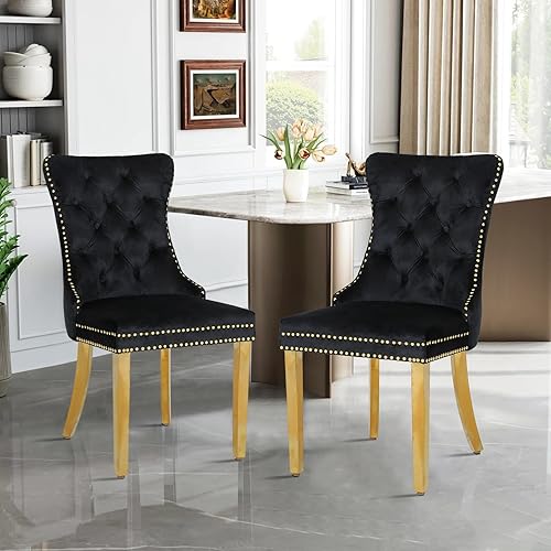 Juego de 2 sillas de comedor de terciopelo, sillas de comedor modernas de lujo con patas de acero inoxidable doradas, sillas decorativas de cocina