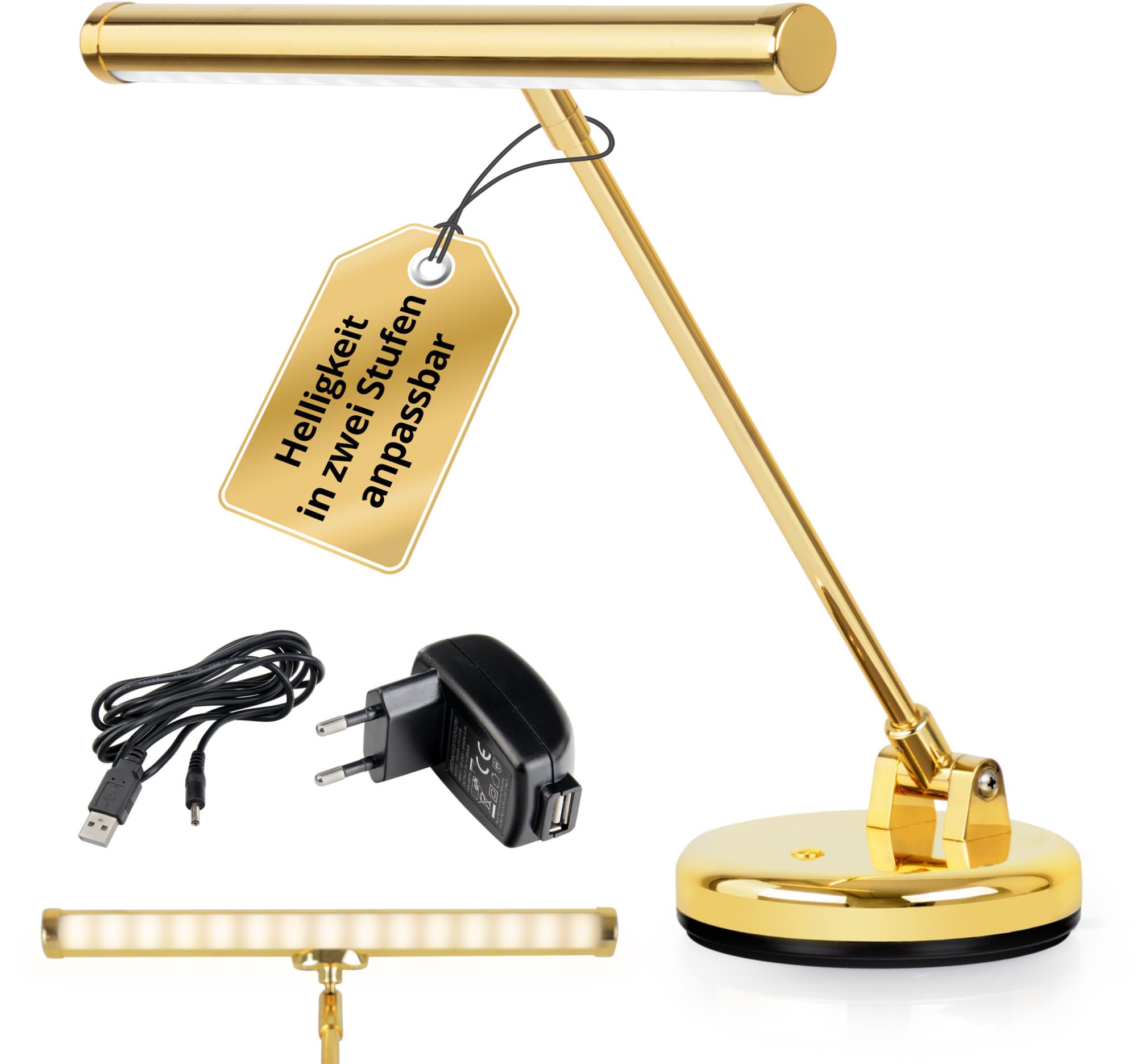 Showlite PL-1-GD-KW LED Lampada per Pianoforte - Lampada per pianoforte con 15 LED - luce bianco freddo a 2 livelli - altezza 36 cm - alimentazione via USB, rete o batteria - oro lucido