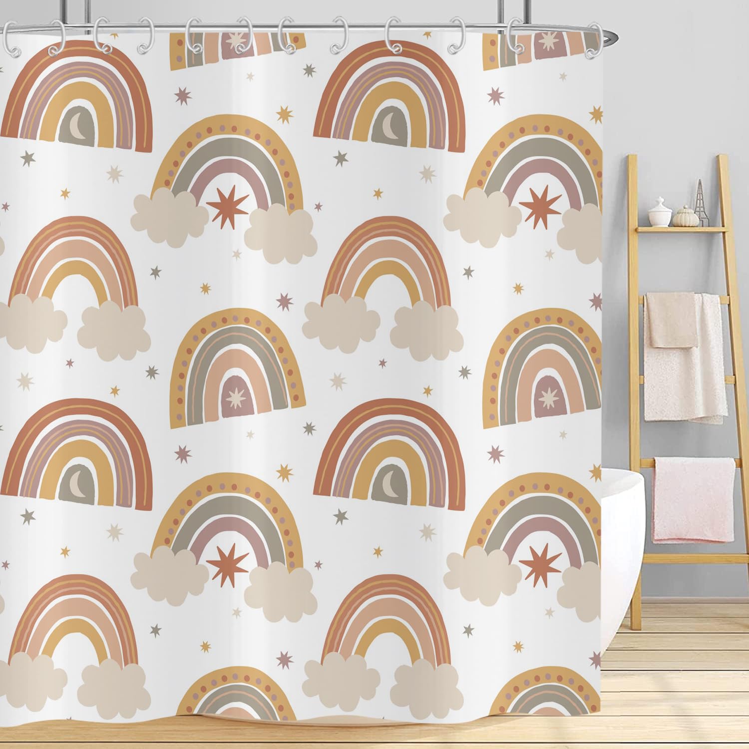 Hnmdmyi Rainbow Shower Curtain 150x180, Boho Abstract Rainbow Shower Curtains Colorful Cute Kids Cartoon Bathroom Curtains with Hooks Waterproof Polyester Fabric Washable Bath Curtains for Wet Room