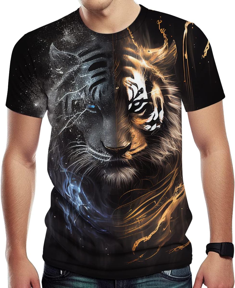 TiwBski Casual Lion Tiger Wolf Print T-Shirts for Men Novelty Animal Graphic Shirt with Short Sleeve