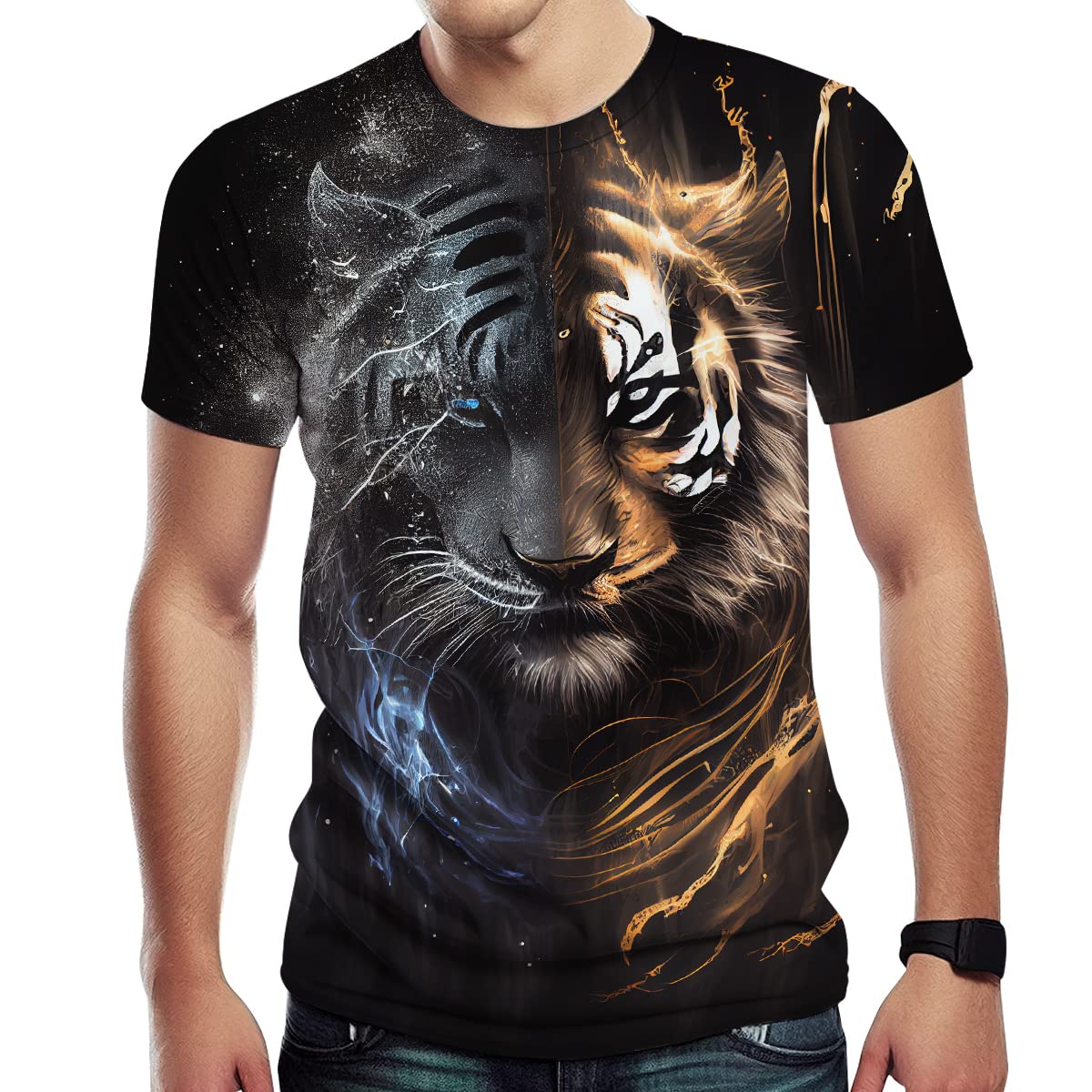 TiwBski Casual Lion Tiger Wolf Print T-Shirts for Men Novelty Animal Graphic Shirt with Short Sleeve, Black2, XXXXL