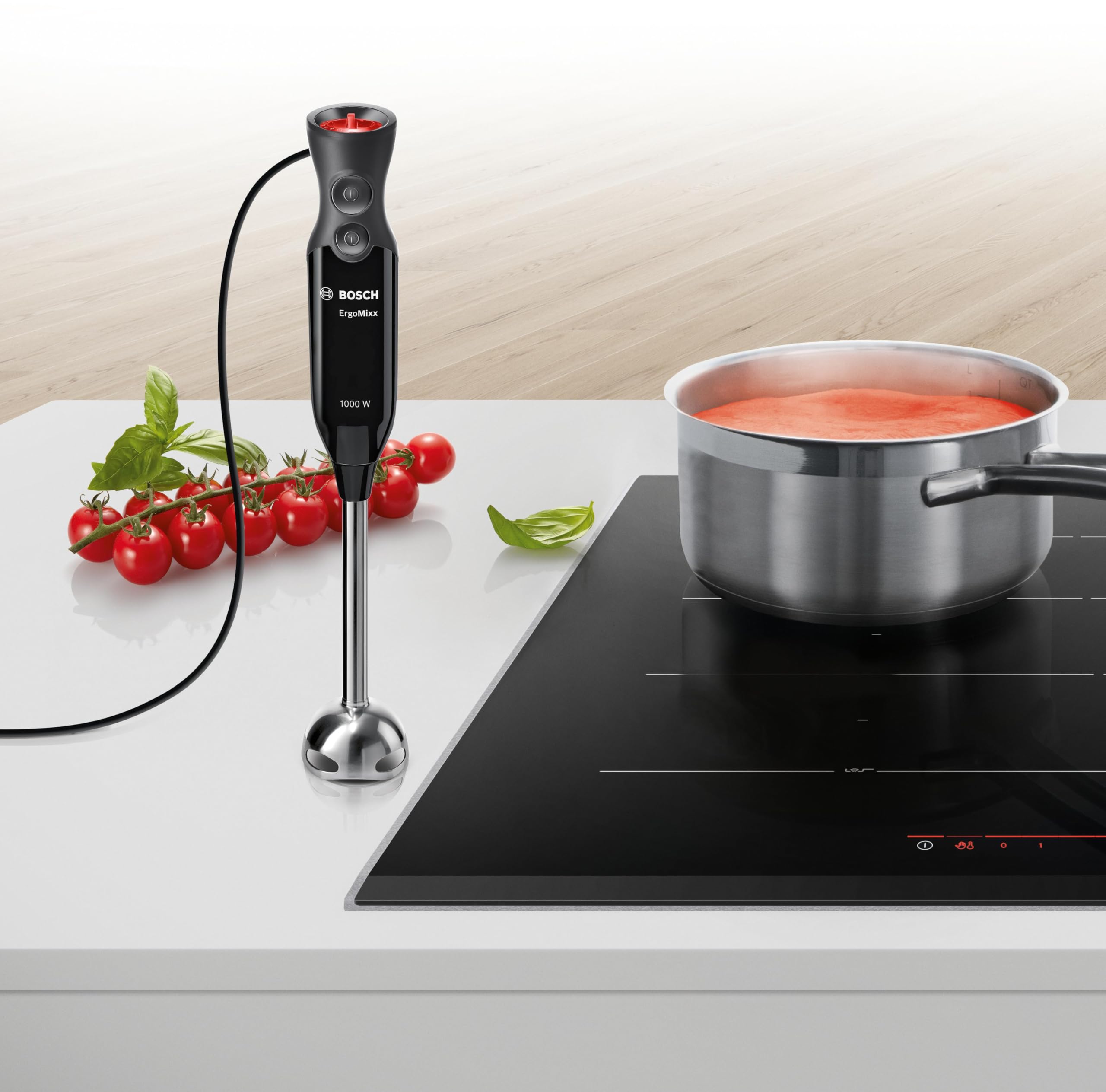 Bosch ErgoMixx – Batidora de mano 1000 W, 12+1 velocidades, Turbo, QuattroBlade, Picador y vaso, Negro antracita, MS61B6150