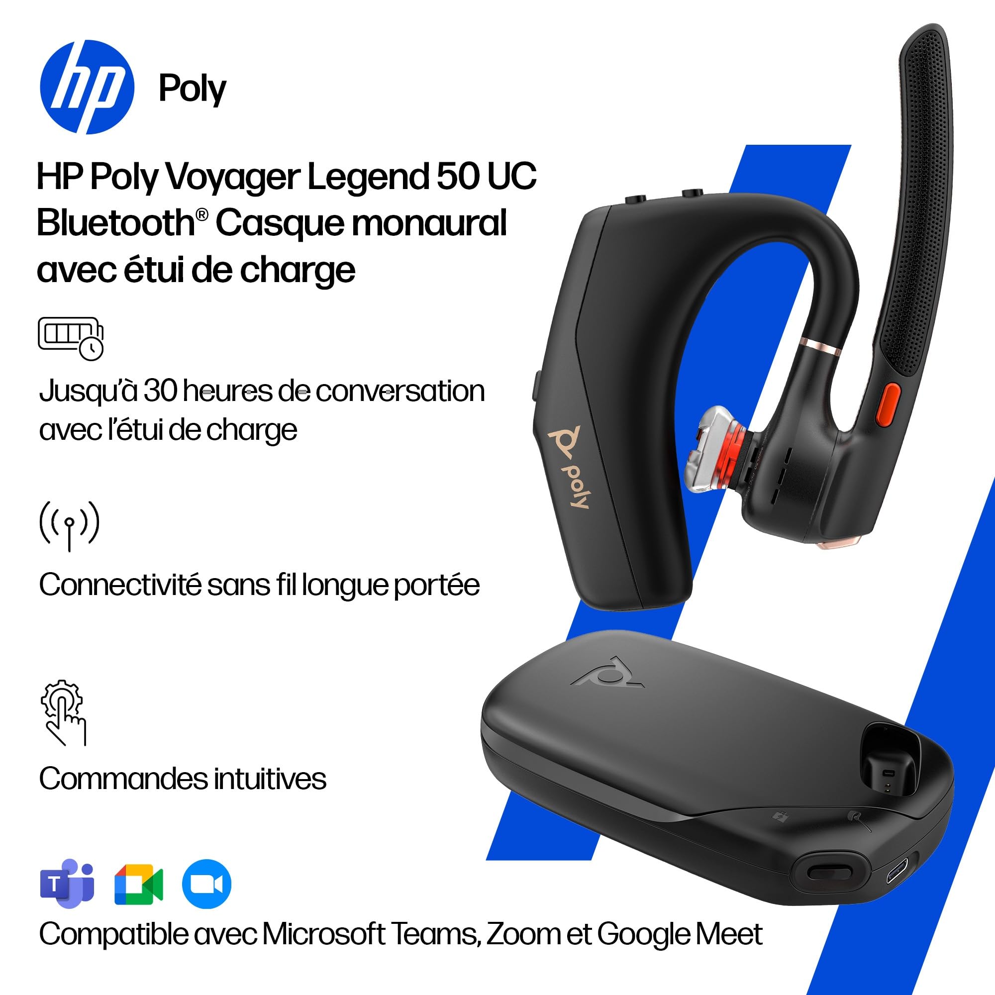 Poly Voyager Legend 50-M Casque UC avec Quatre Microphones, Annulation du Bruit, Technologie Noise Block, étui de Charge Portable, capteurs intelligents, Commandes Rapides