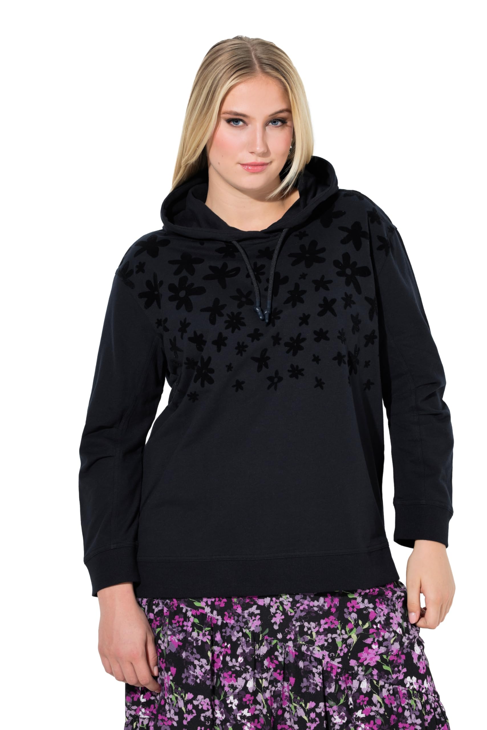 Ulla Popken Damen große Größen Übergrößen Plus Size Hoodie, Blüten, Relaxed, Kapuze, Langarm 845770