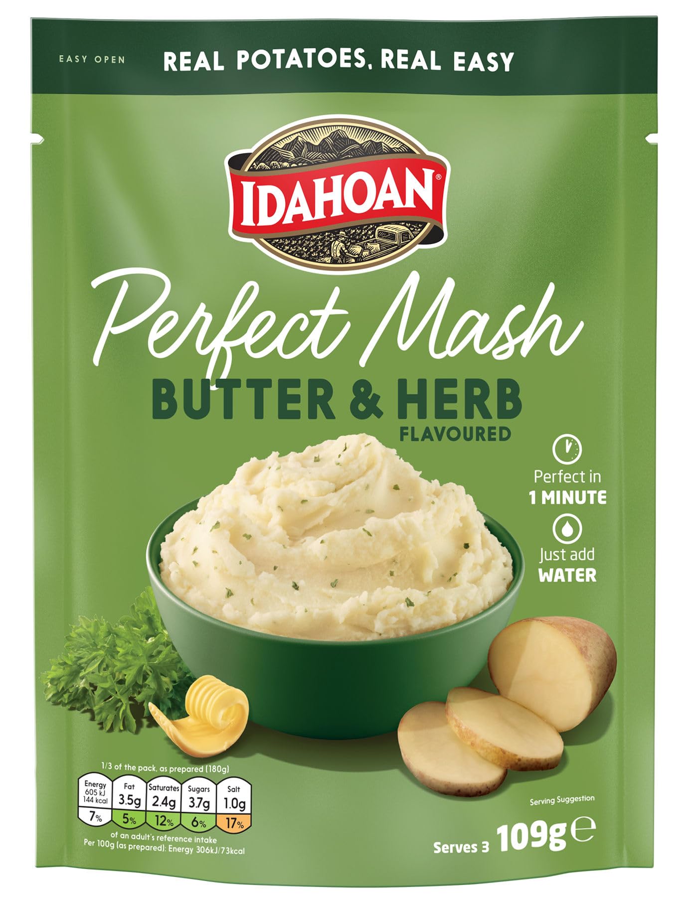 Idahoan Buttery and Herb Flavoured Instant Mash Potato, 1 x 109g Single Pack, Gluten Free, Vegetarian, Cooks in 1 Minute