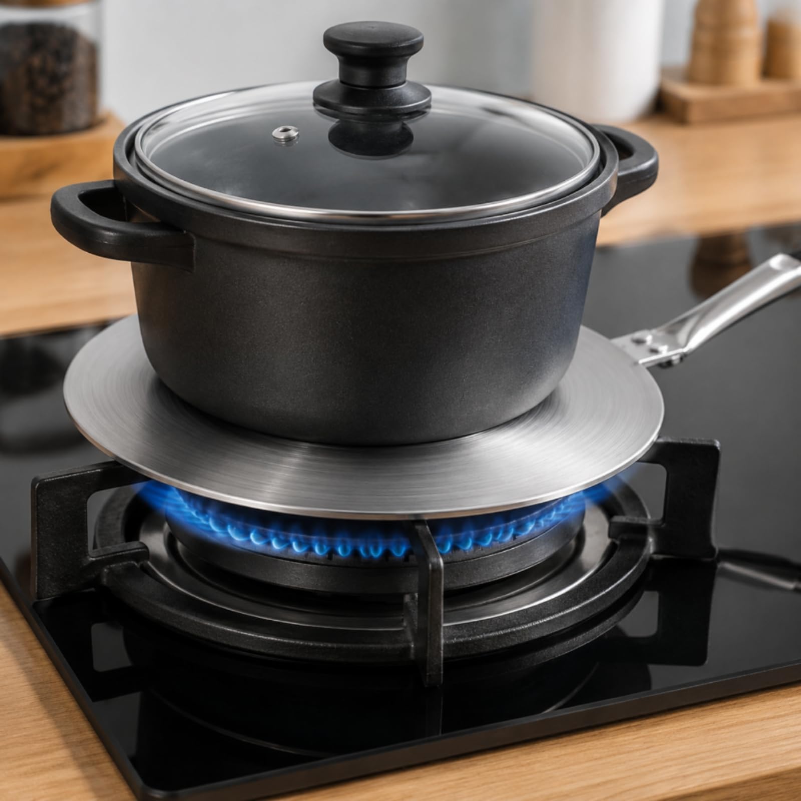 Induktions-Adapterplatte aus Edelstahl Wärmeverteiler mit Griff gebürstet Konverterplatte für Induktionskochfeld, 26cm