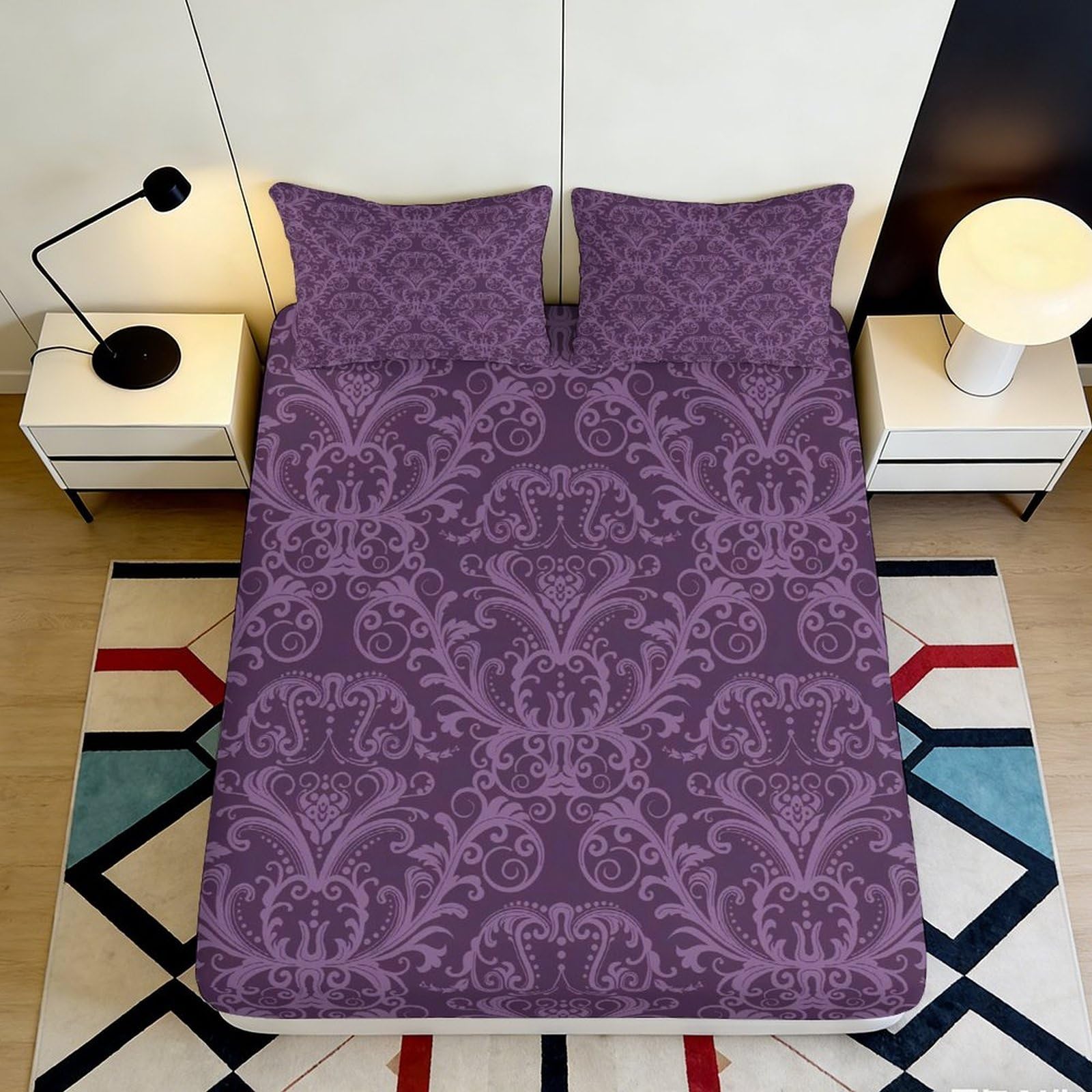 3D Printed Purple Damask Fitted Sheet Microfiber Deep Pocket Non-Slip Bedroom Bedding Purple Pattern Mattress Fitted Cover Washable 200x200x25cm