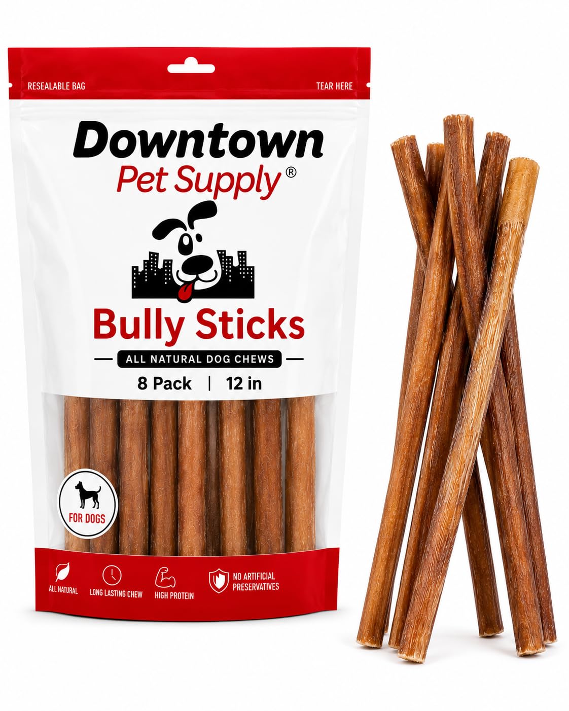 Downtown Pet Supply 12-inch Bully Sticks for Large Dogs, Pack of 8 - Single Ingredient, Rawhide Free Dog Chews for Aggressive Chewers - Nutrient-Rich and Odor Free Bully Sticks for Dogs - Beef