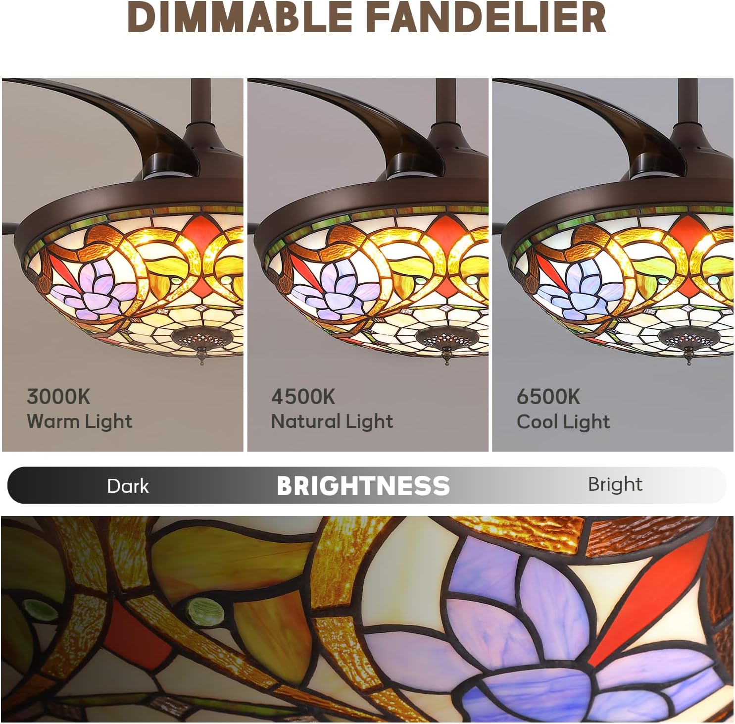 Siljoy 48 inch Tiffany Stained Glass Ceiling Fan, Farmhouse Invisible Retractable Ceiling Fan with Lights, Retro Chandelier Fan with Glass Shade, Antique Dimmable Fandelier with 6 Speed Reverse Wind