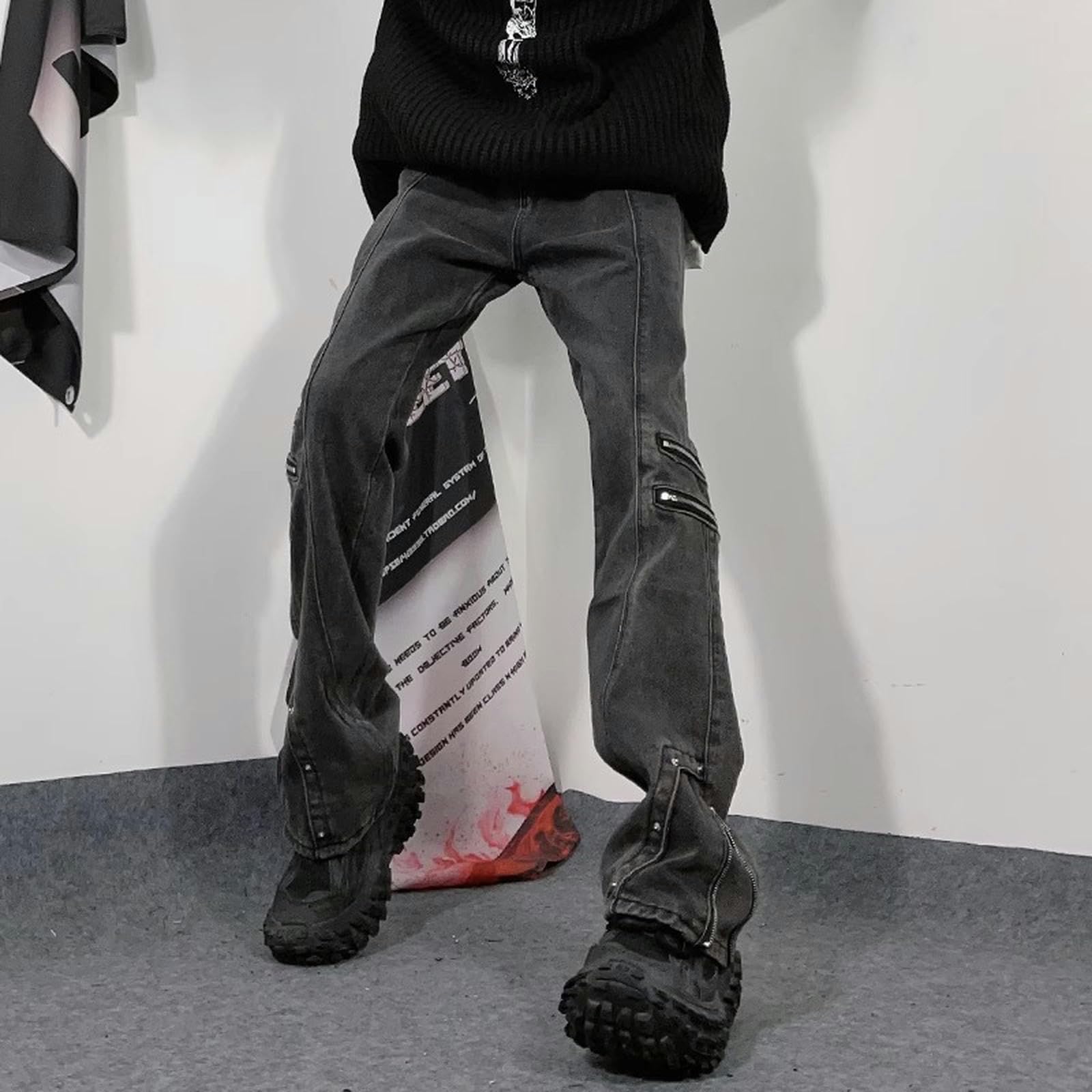 High Street Zipper Jeans Pantaloni Svasati Larghi da Uomo - Nero - L