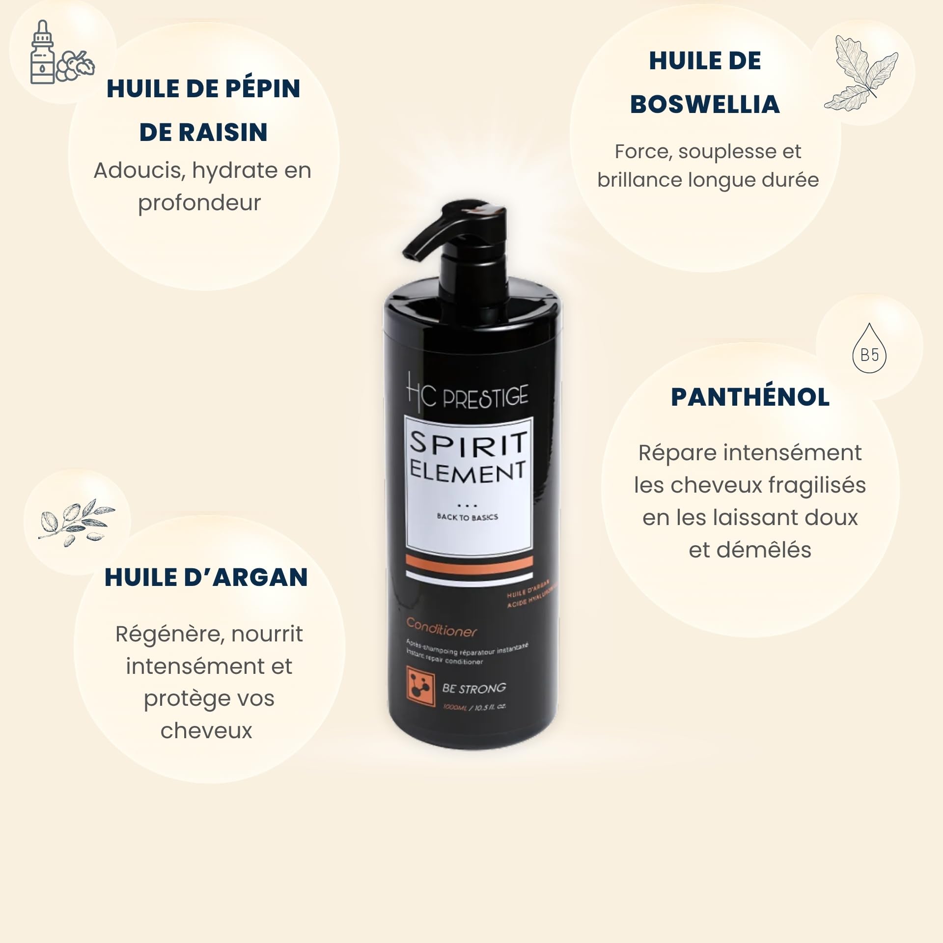 HC Prestige Be Strong – Après-Shampoing Reconstructeur Pro 1L – Argan, Figue de Barbarie & Raisin – 96% Naturel – Sans Sulfate ni Silicone – Cheveux Secs, Abîmés ou Lissés – Made in France