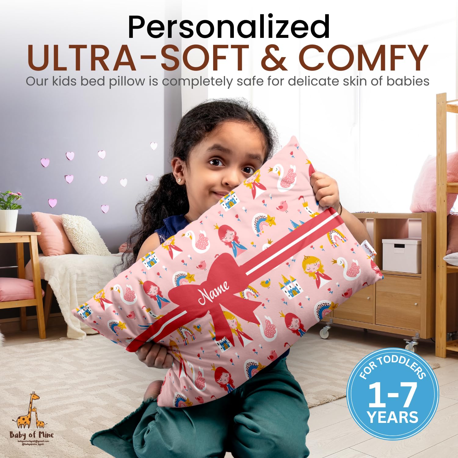 Baby of Mine Personalised Premium Baby Pillow – Super Soft Cotton Cushion for Kids (1 Month–5 Years), Cute Cartoon & Animal Prints, Neck Support, Head Shaping Pillow for Baby Sleep & Bedtime Comfort 1