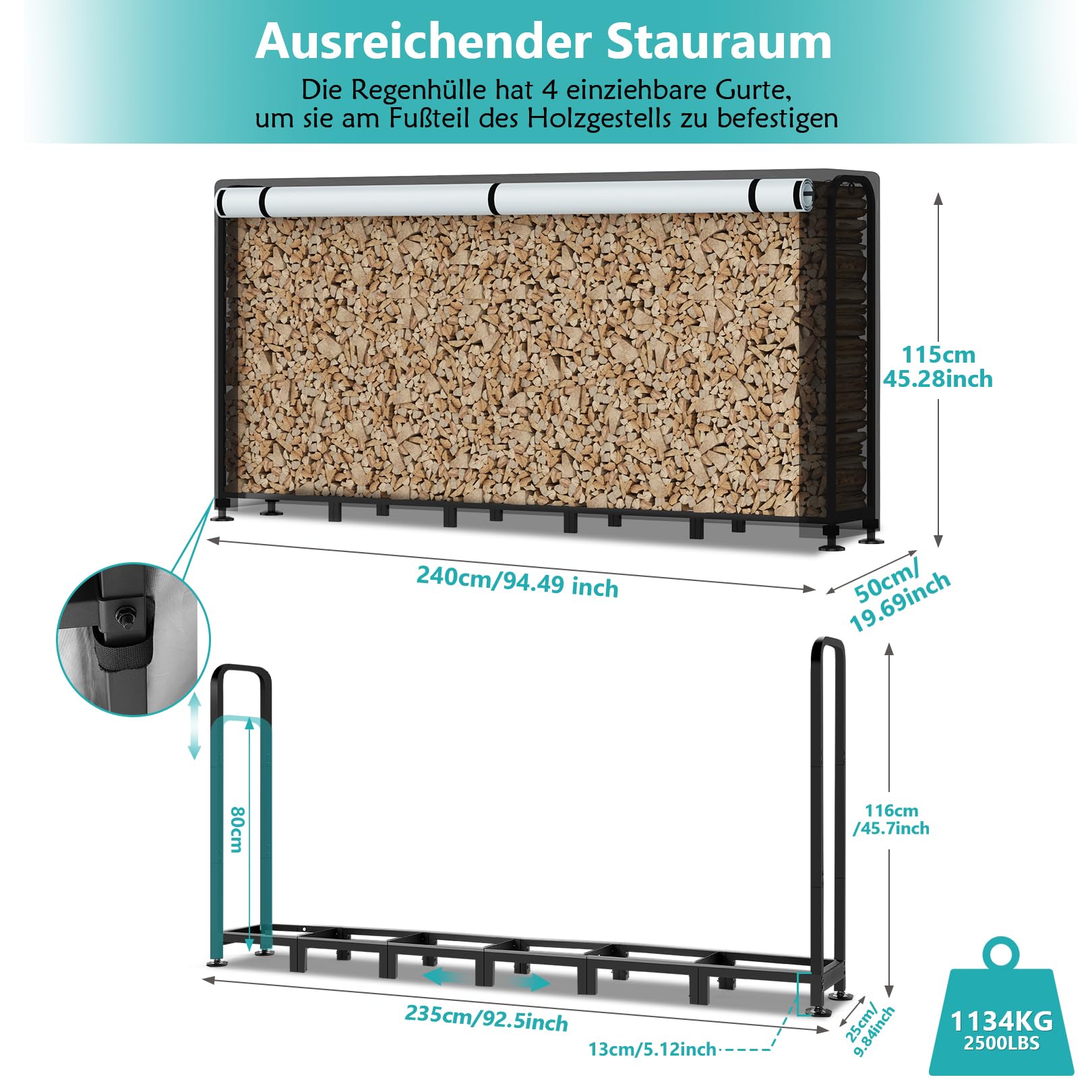 Himimi Kaminholzregal Außen 235x25x116cm mit 450D Abdeckung – Brennholzregal Metall für Holzlager & Holzunterstand Draußen, wetterfest, mit verstellbaren Füßen & Sicherheitsketten für Garten, Patio