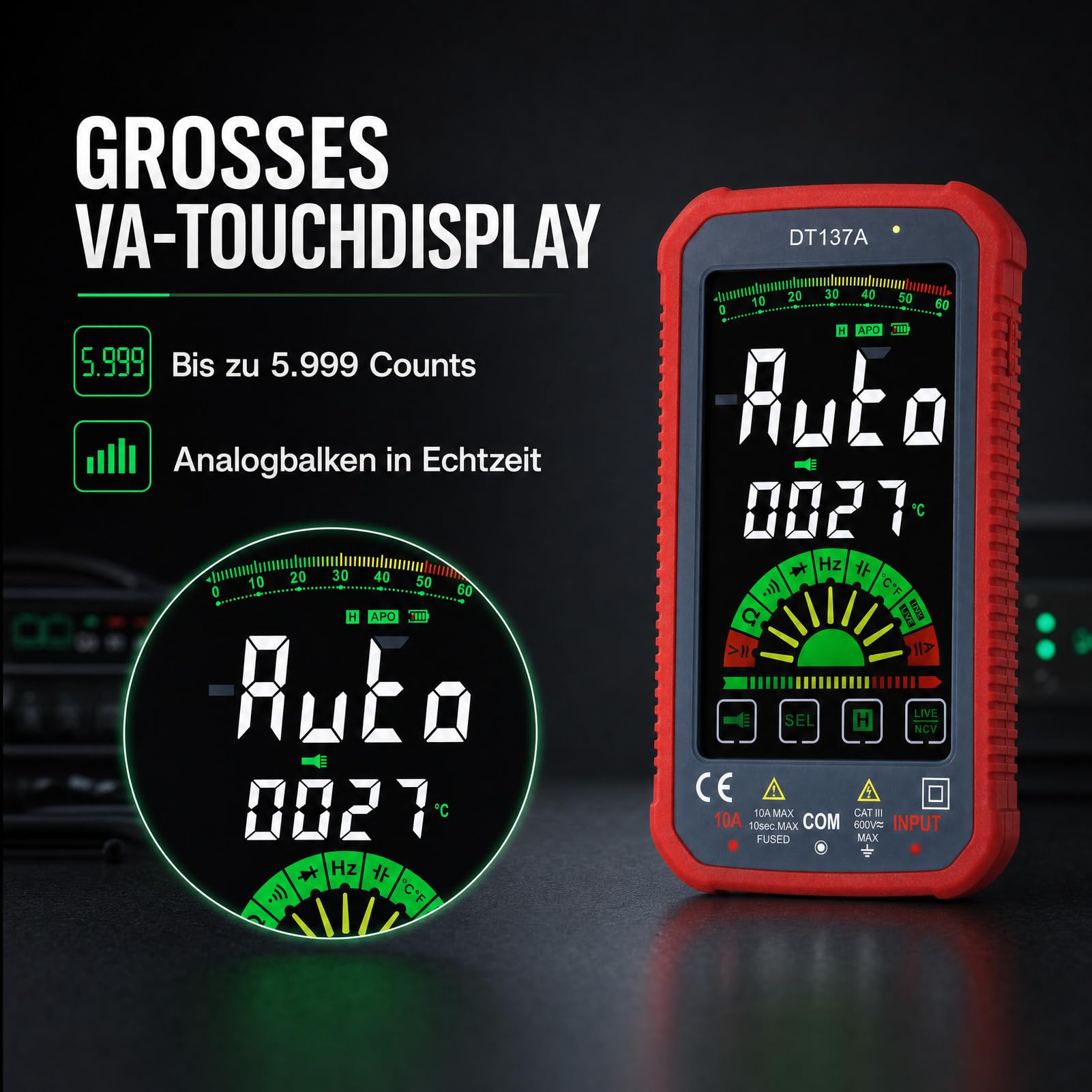 Digital Multi Touchscreen, DT137A, VA Farbbildschirm, TRMS, Rot